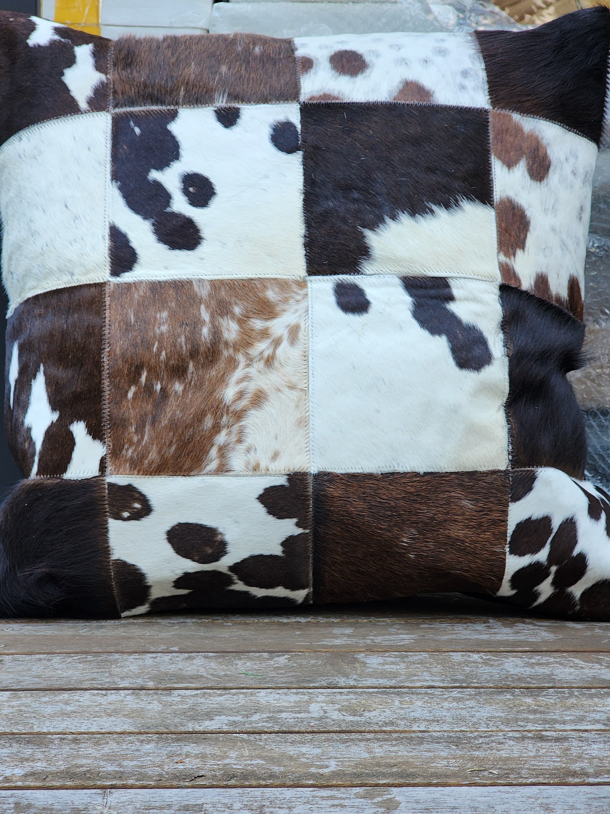 Natural Cowhide Patchwork Cushion Cover (White and Brown)