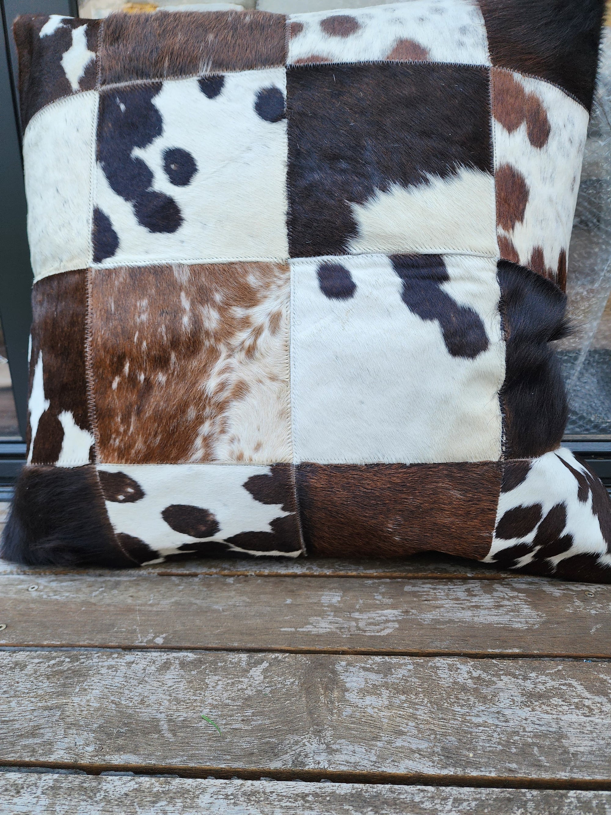 Natural Cowhide Patchwork Cushion Cover (White and Brown)