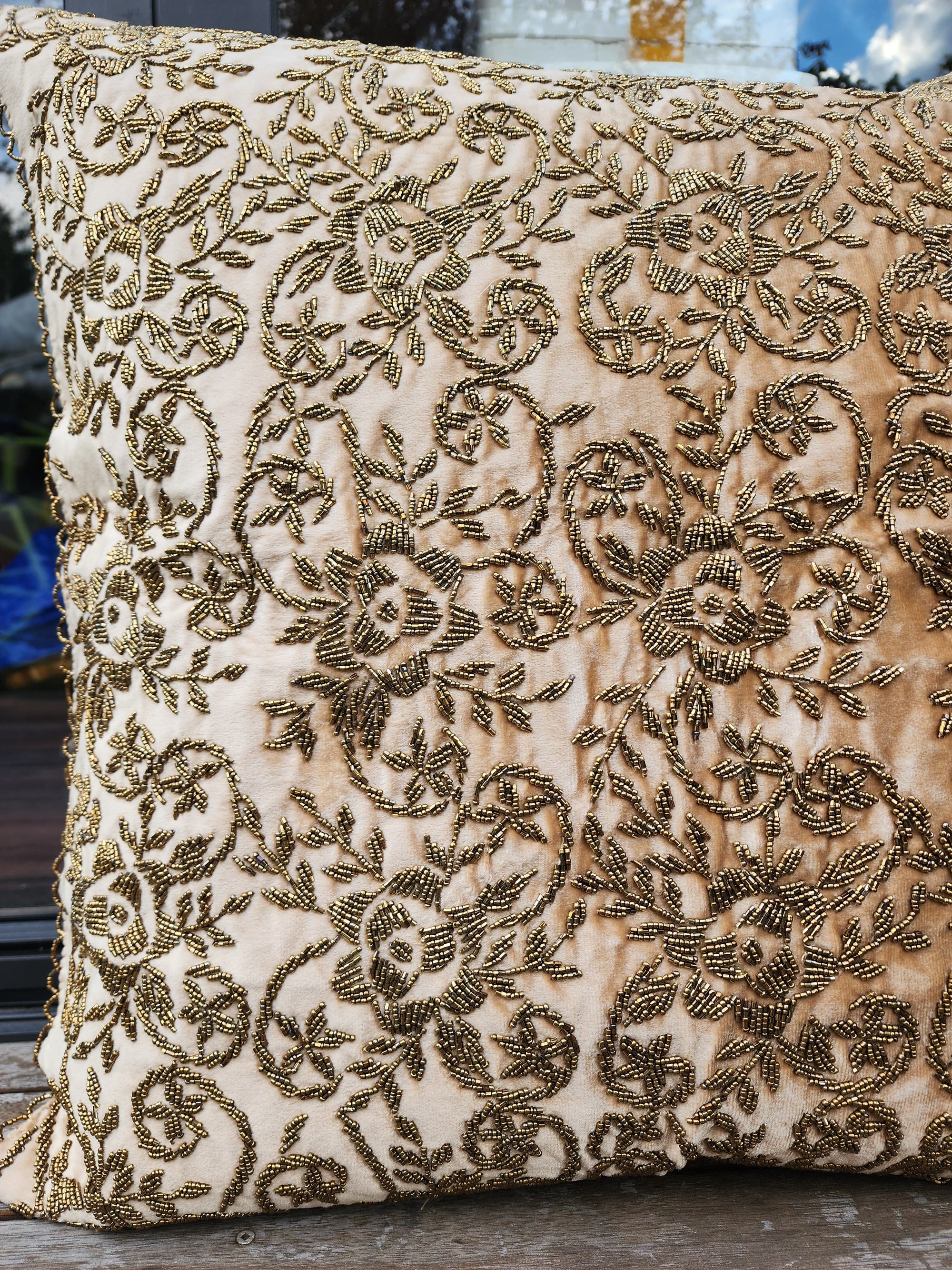 Handmade velvet European pillow cover (Beige and Gold)