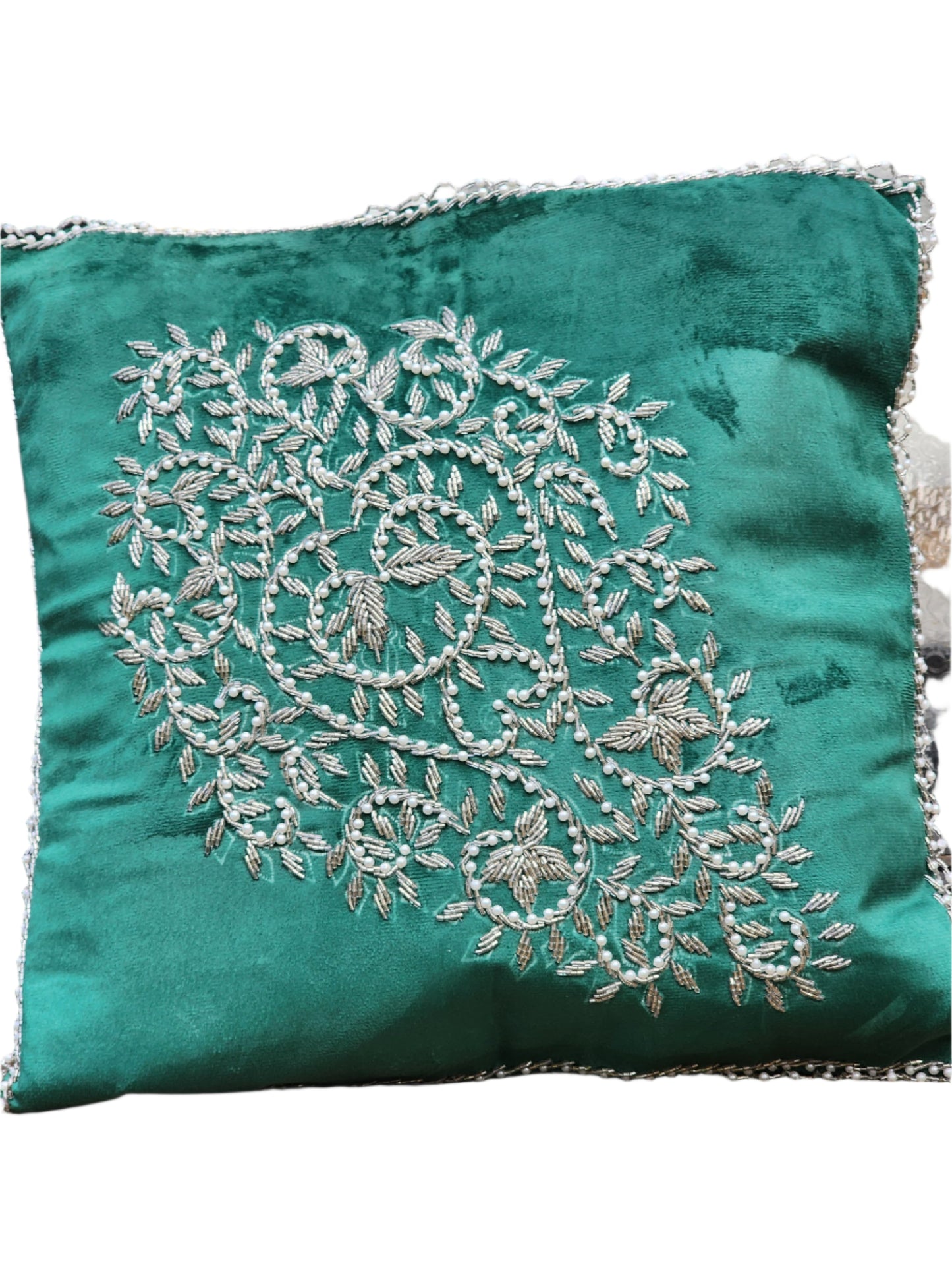 Handmade Velvet Cushion Cover (Green silver and pearl)
