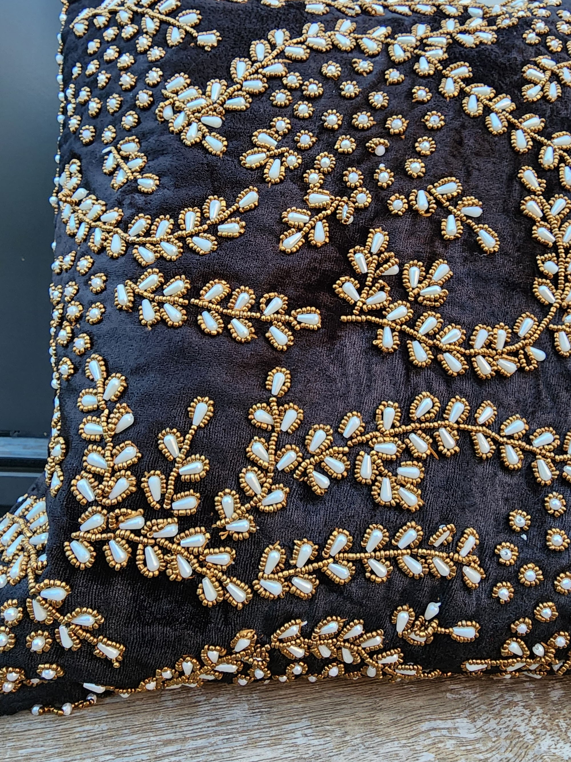 Handmade Velvet Cushion Cover (Black Gold and Pearl)