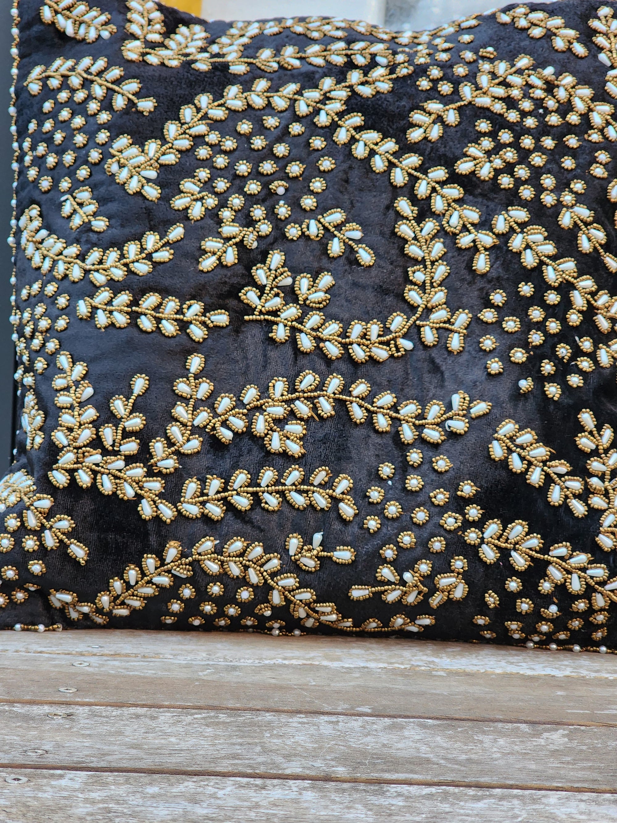 Handmade Velvet Cushion Cover (Black Gold and Pearl)