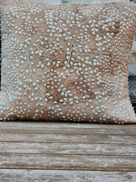 Handmade Velvet Cushion Cover (Beige pearl and silver )