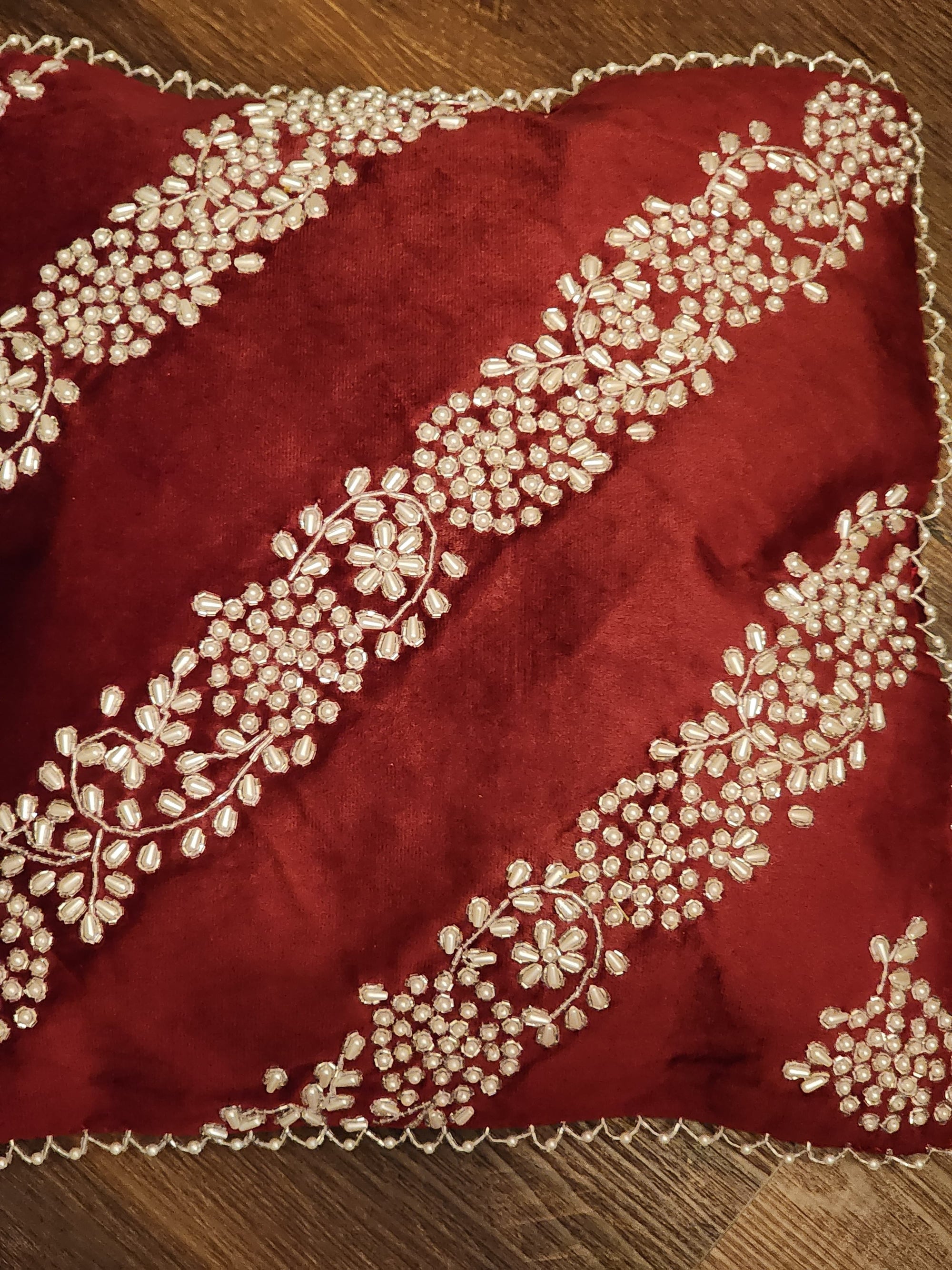 Handmade Velvet Cushion Cover Red Pearl and White (Diagonal)