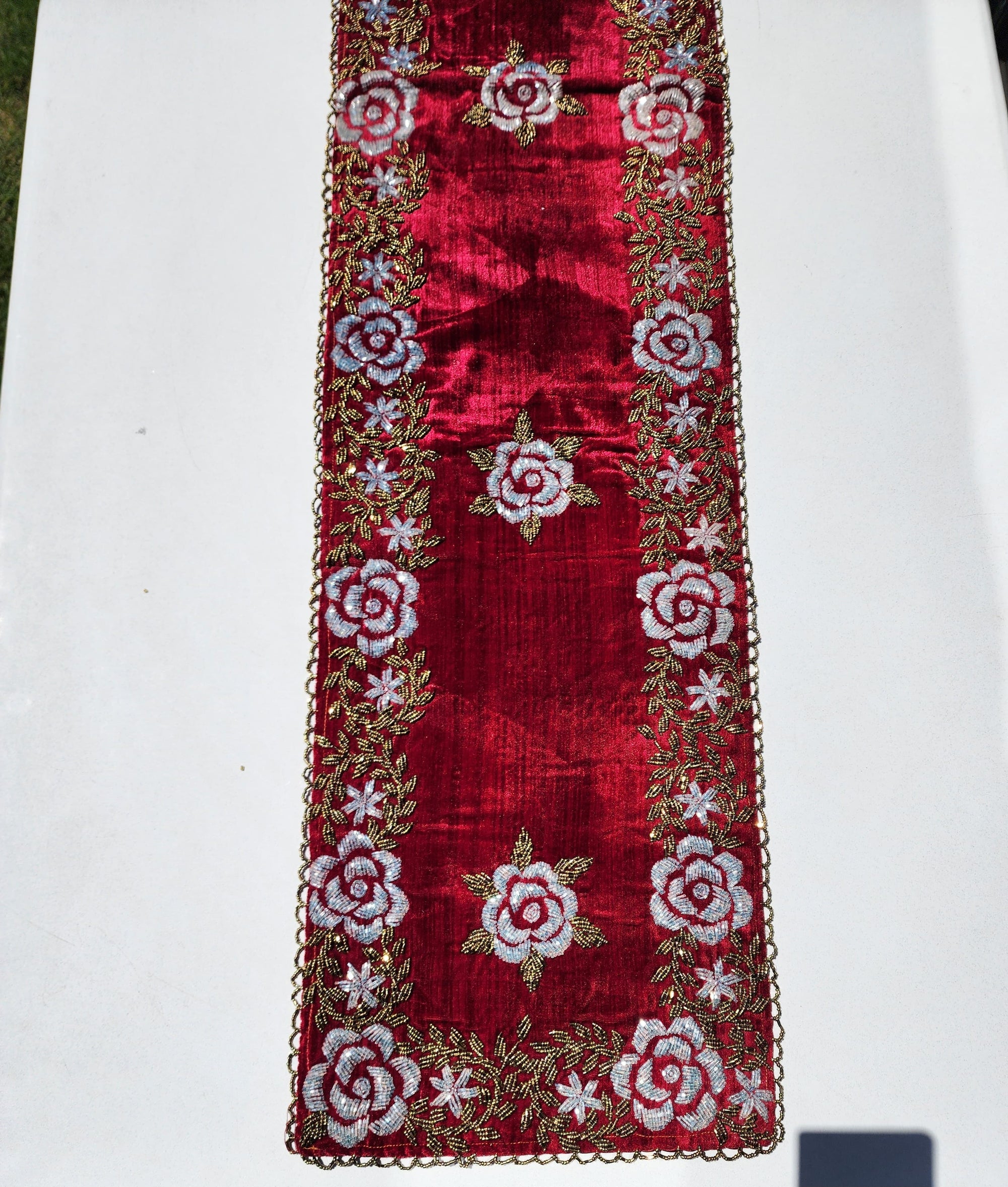 Red Grey and Gold Handmade Beaded Runner