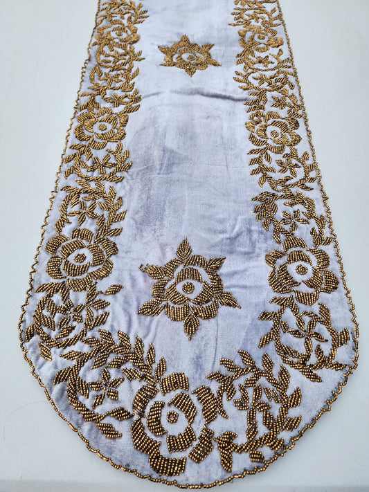 Sky Blue and Gold Handmade Beaded Runner (Oval Design 1)