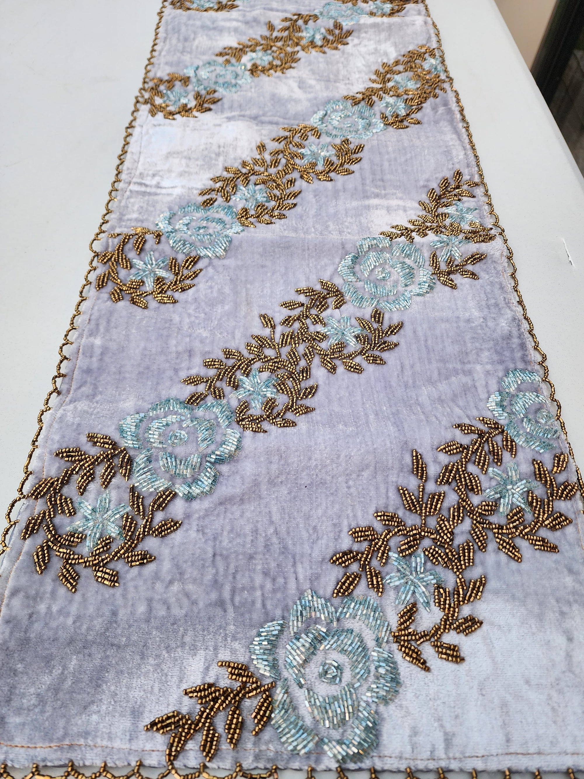 Sky Blue and Gold Handmade Beaded Runner ( Design 3)