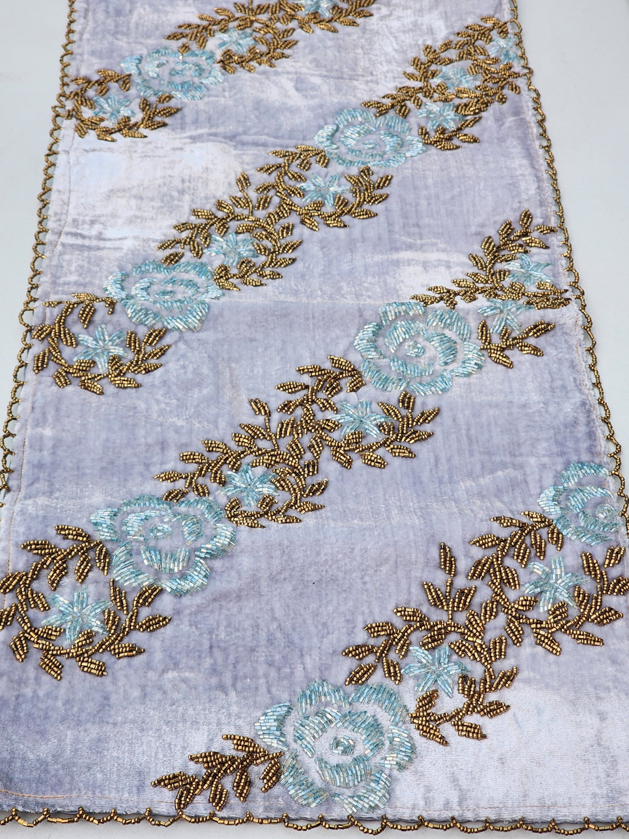 Sky Blue and Gold Handmade Beaded Runner ( Design 3)