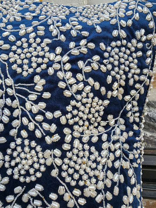 Handmade Velvet Cushion Cover Royal Blue Pearl and Silver