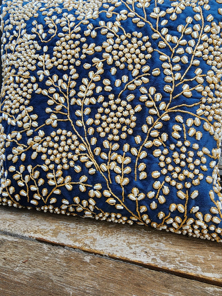 Handmade Velvet Cushion Cover Royal Blue Pearl and Gold