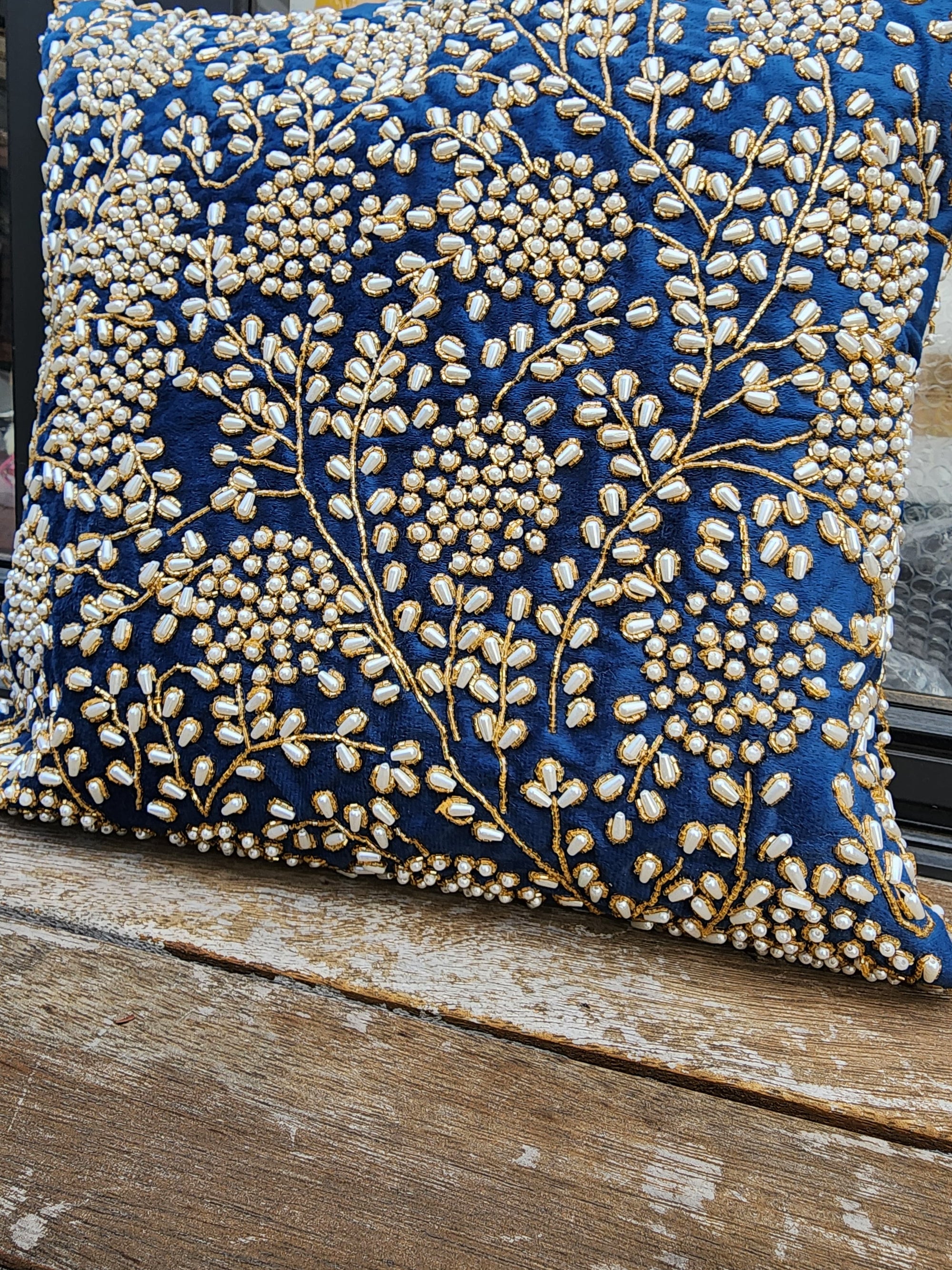 Handmade Velvet Cushion Cover Royal Blue Pearl and Gold