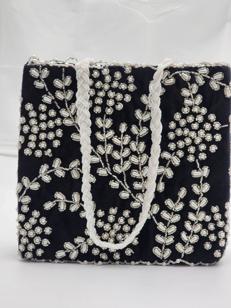 Elegant Black Hand Embellished Beaded Women Handbag (Design-III)