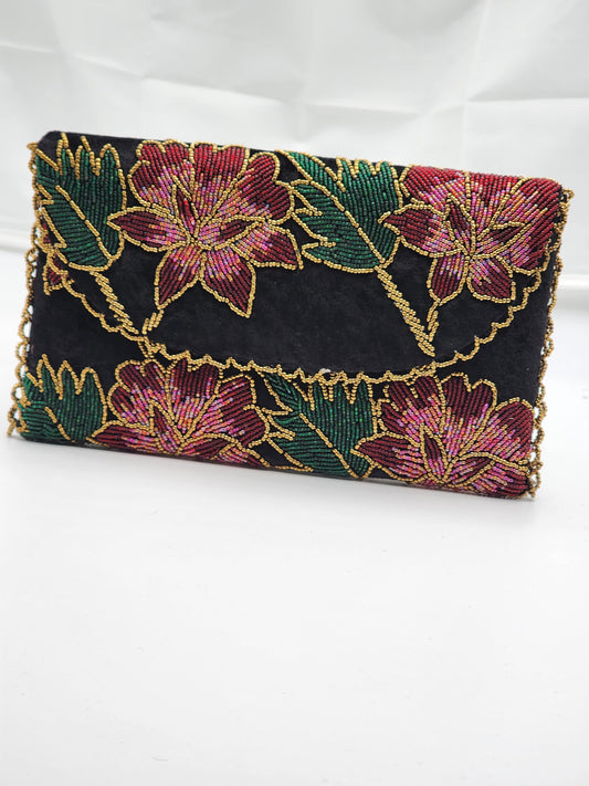Women Black Floral Clutch Embellished Beaded (Design-I)