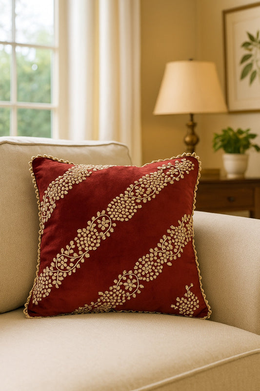 Handmade Velvet Cushion Cover (Red White and Pearl Diagonal)