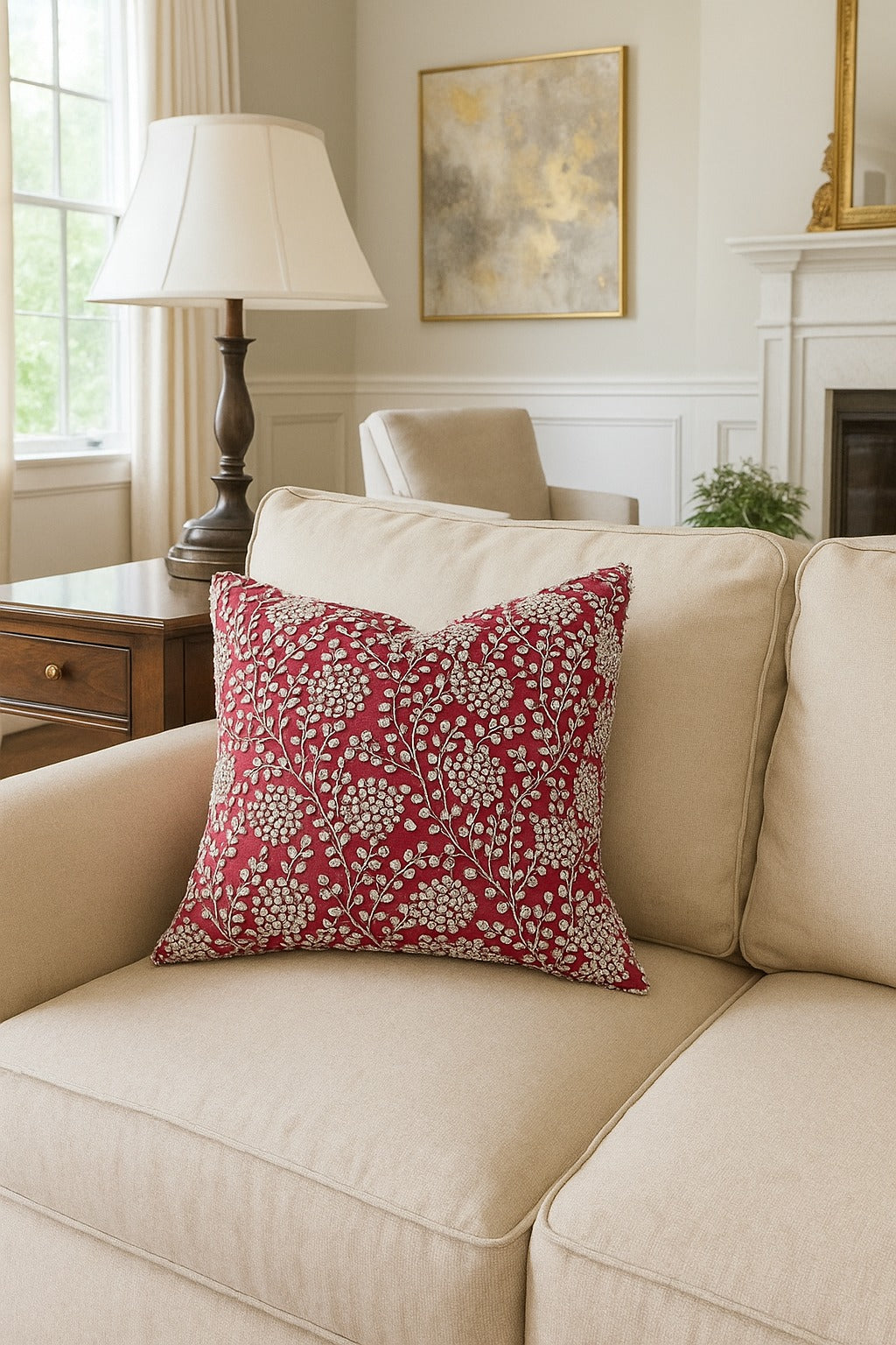 Handmade Velvet Cushion Cover (Red White and Pearl)