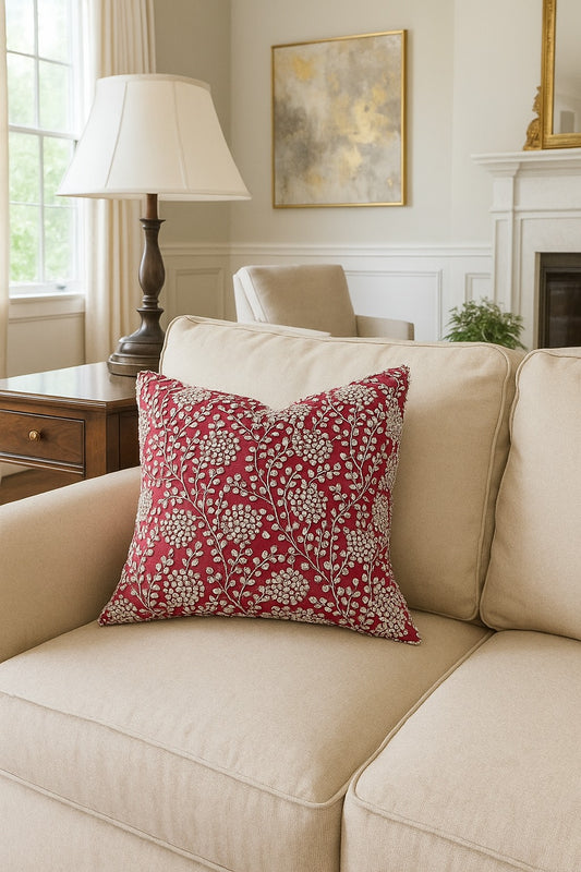 Handmade Velvet Cushion Cover (Red White and Pearl)