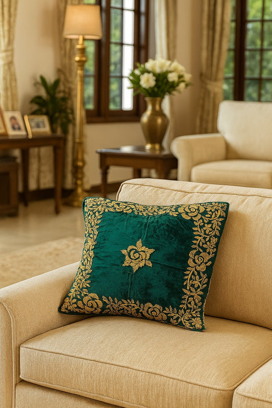 Handmade velvet Cushion Cover (Emerald Green and Gold) border