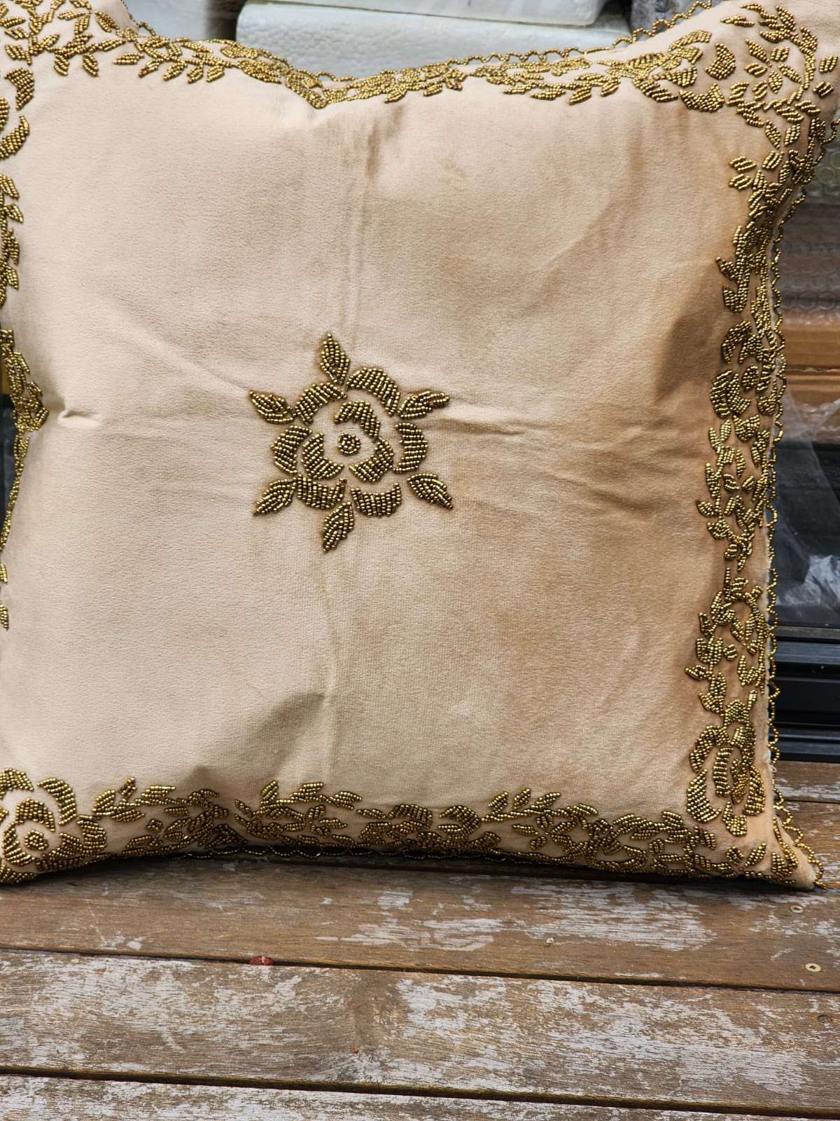 Handmade Velvet Cushion Cover (Beige and Gold)