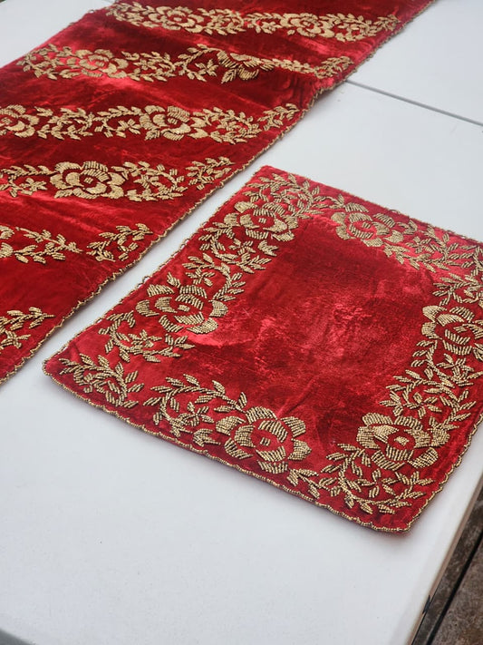 Handmade Beaded Table Runner Set- Red and Gold - Handmade Stories