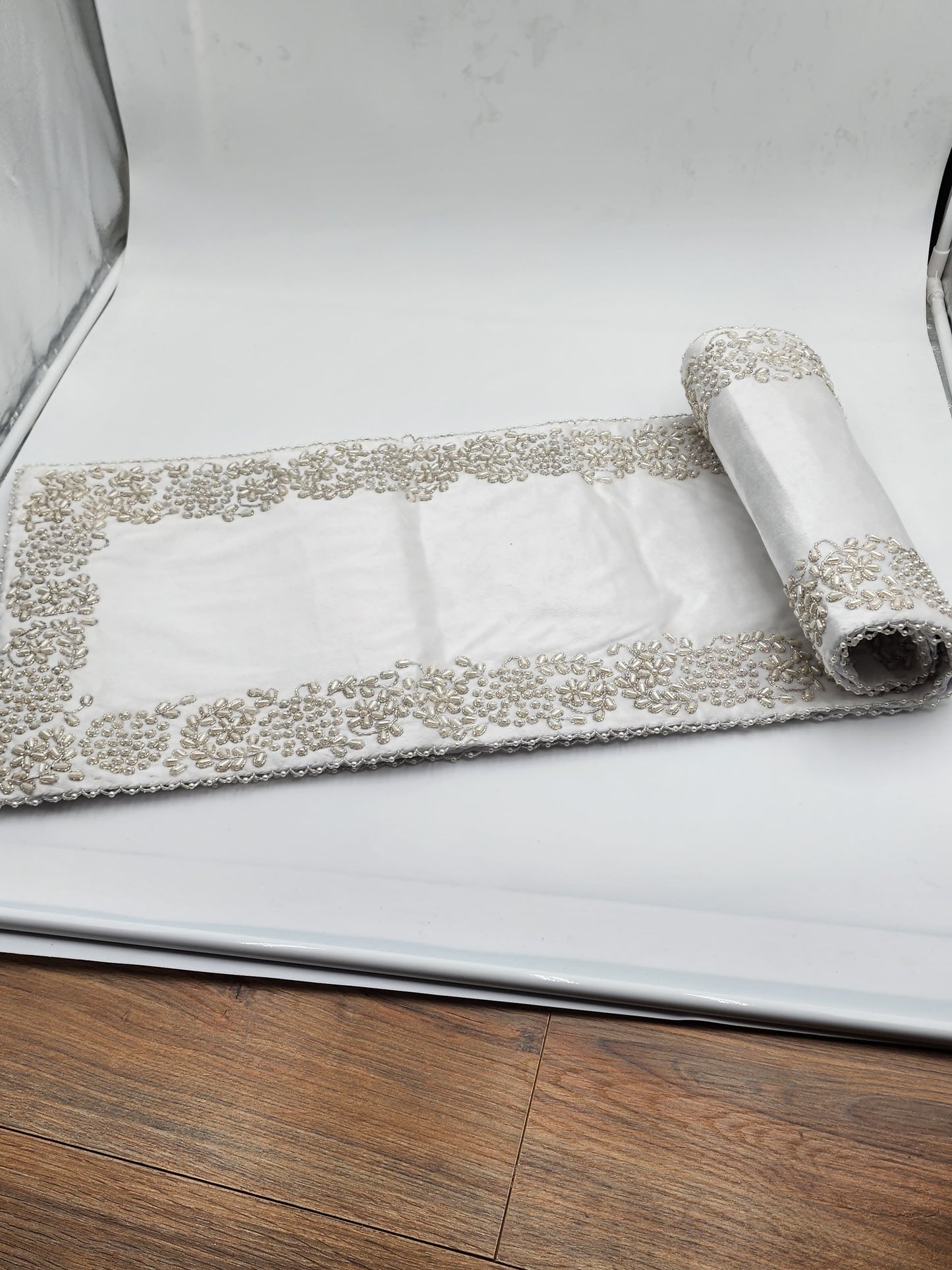 Handmade Table Runner (Off White Silver with Pearl)