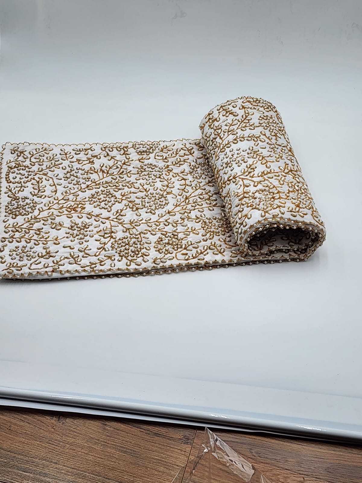 Handmade Table Runner (Off White Gold with Pearl)