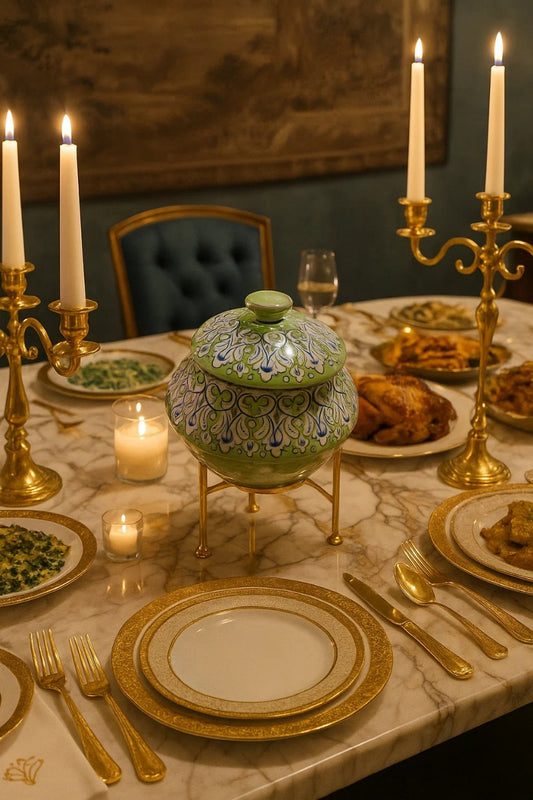 Handmade Ceramic serving pot- Handi with stand - Green