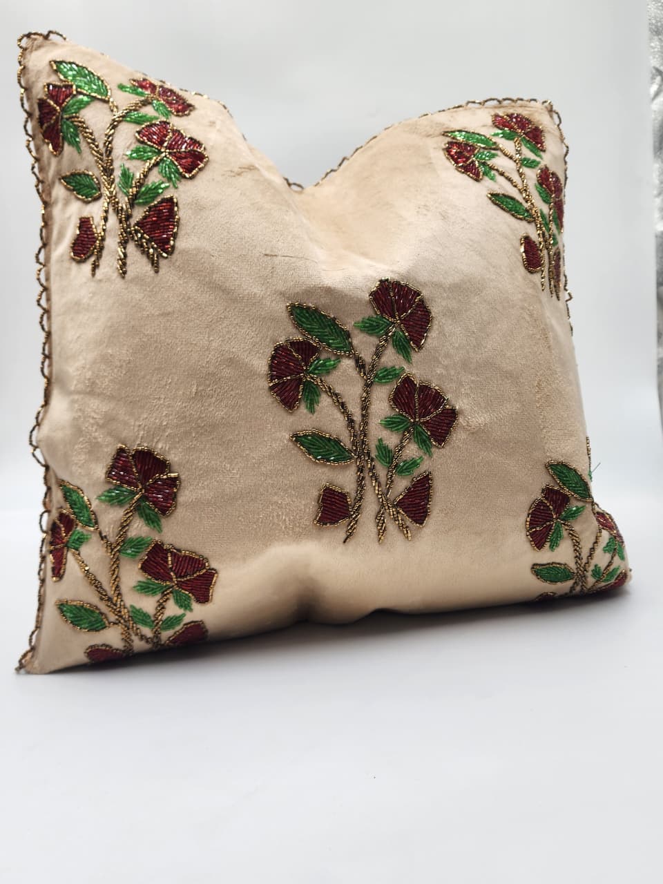 Handmade Velvet Cushion Cover (Beige Red and Green)