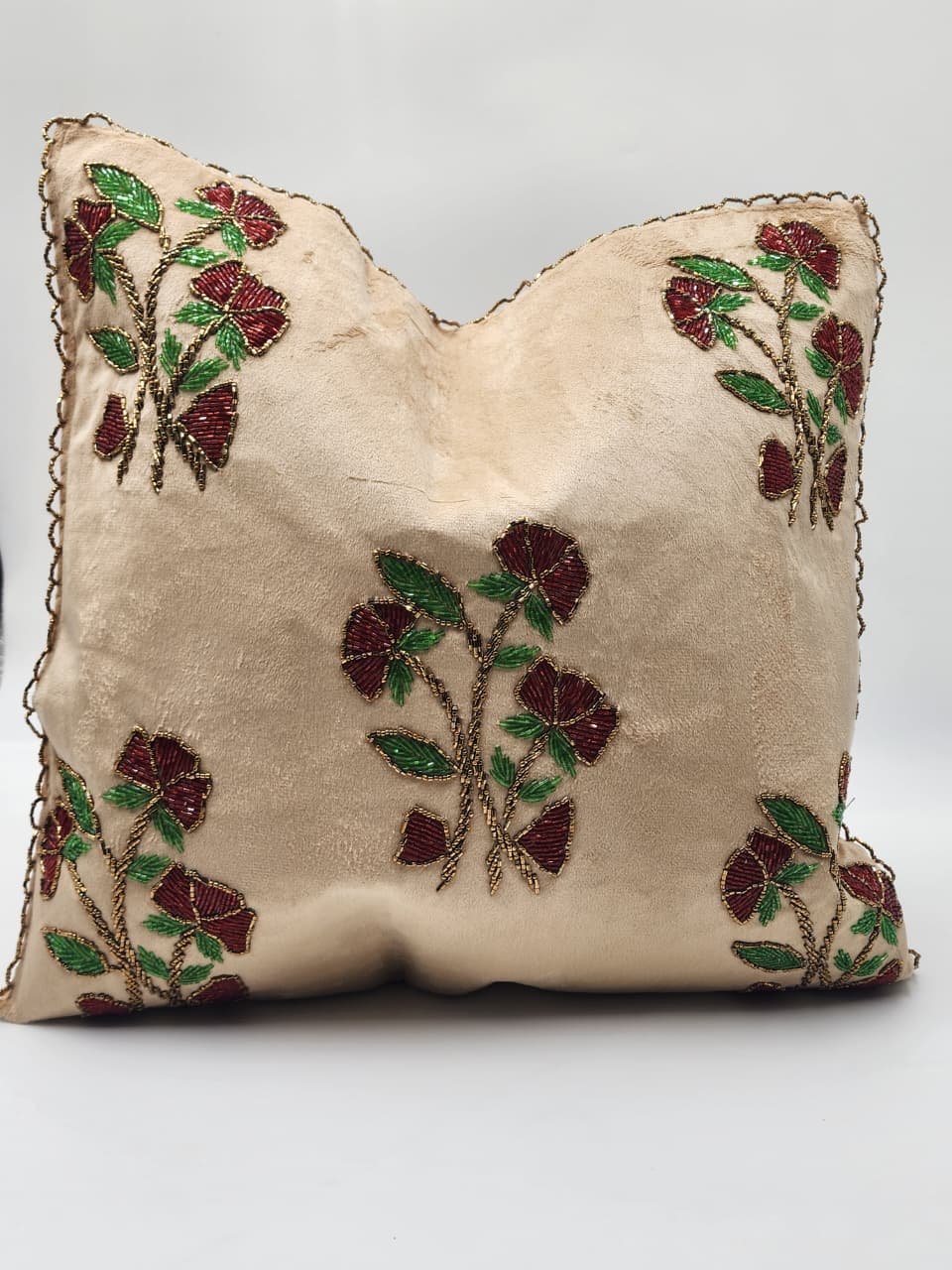 Handmade Velvet Cushion Cover (Beige Red and Green)