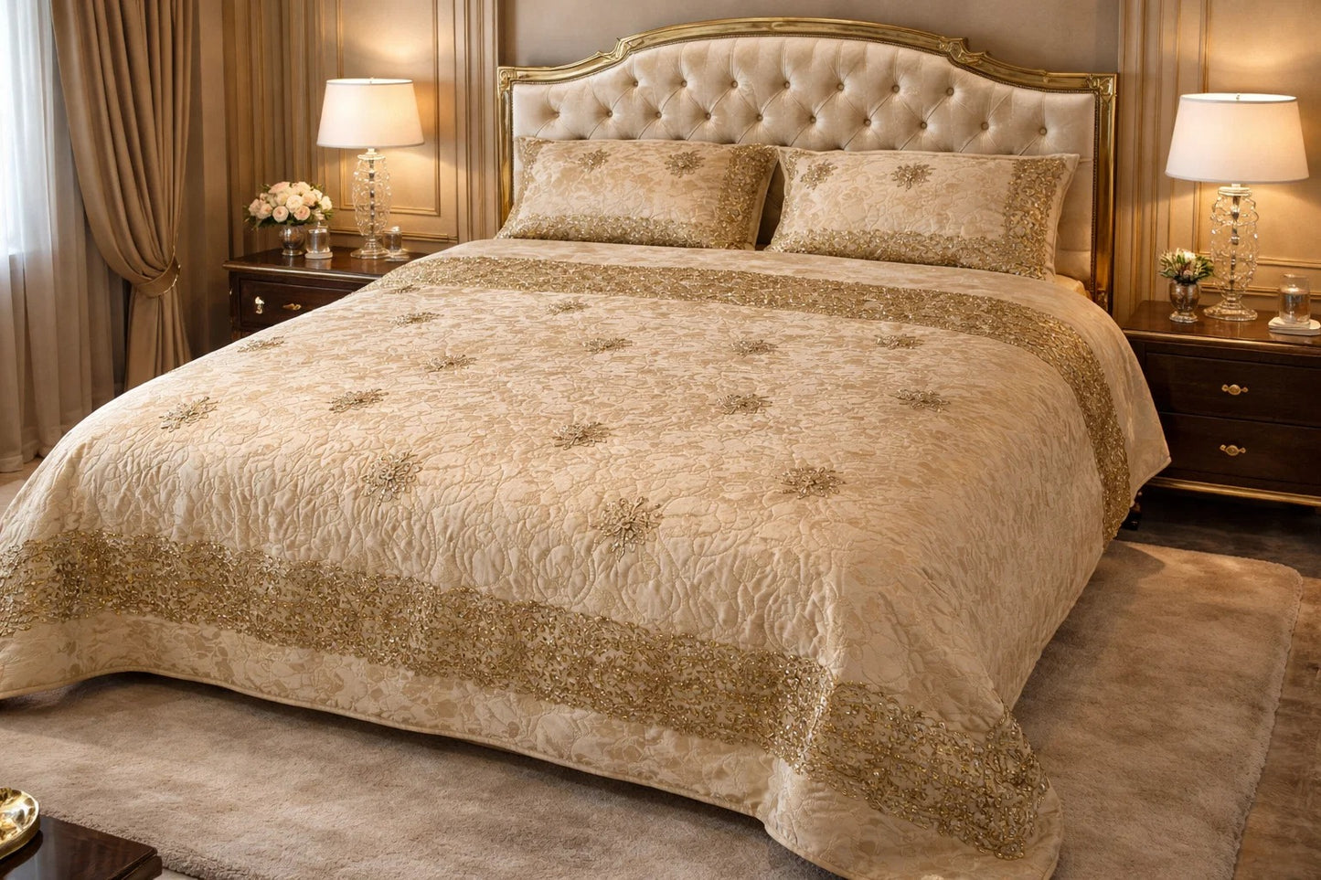 Luxury Beige and Gold hamdmade beaded bedset