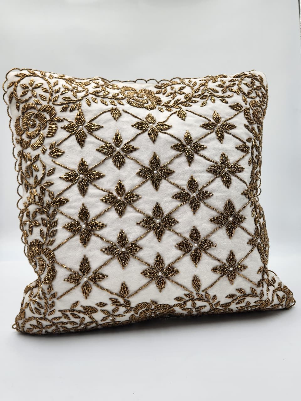 Handmade Velvet Cushion Cover (Ivory white and Gold) Design - 2