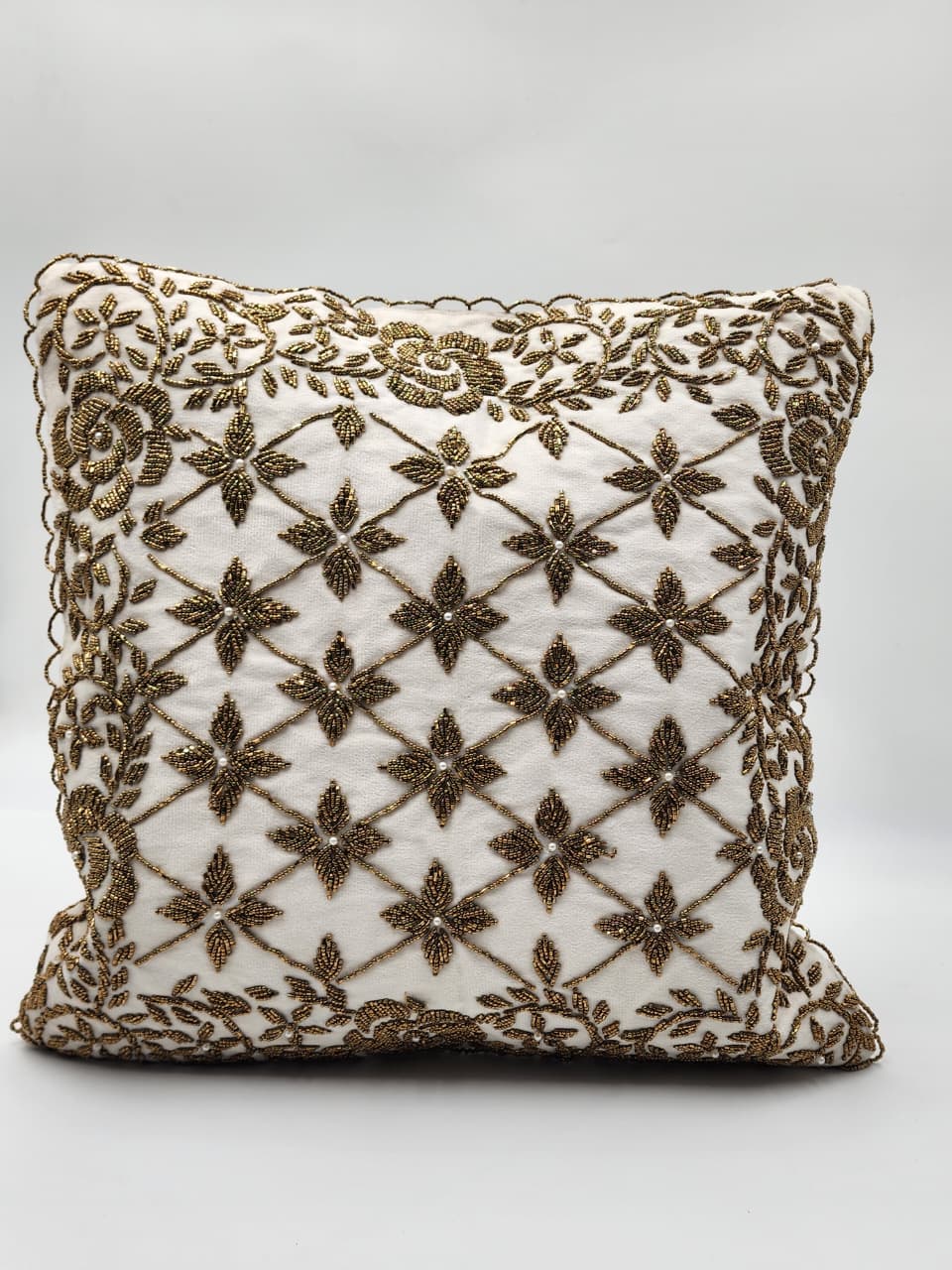 Handmade Velvet Cushion Cover (Ivory white and Gold) Design - 2