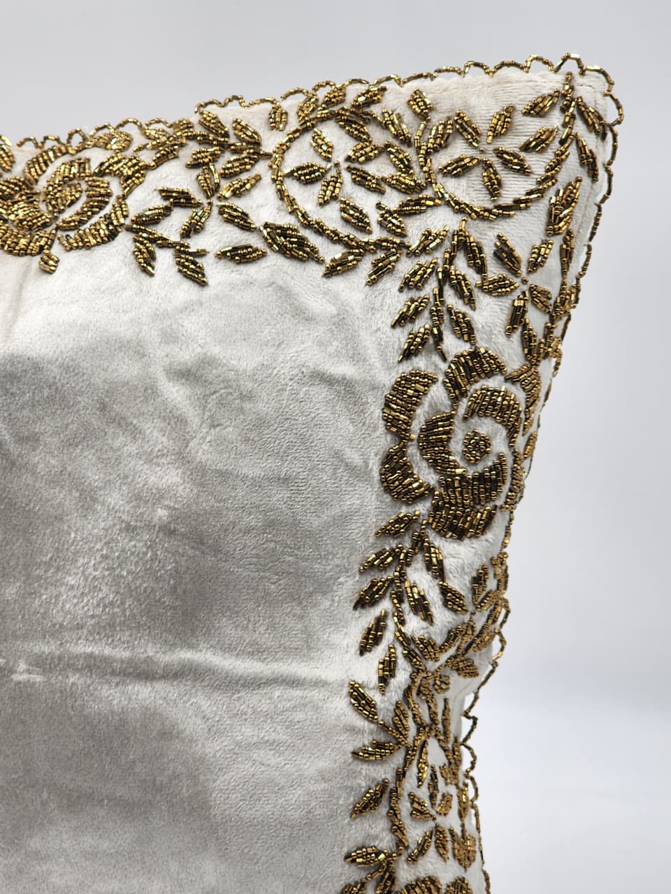 Handmade Velvet Cushion Cover (Ivory white and Gold) Design - 3