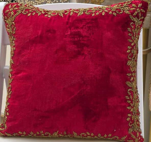 Handmade Velvet Cushion Cover (Red & Gold) Design - 2