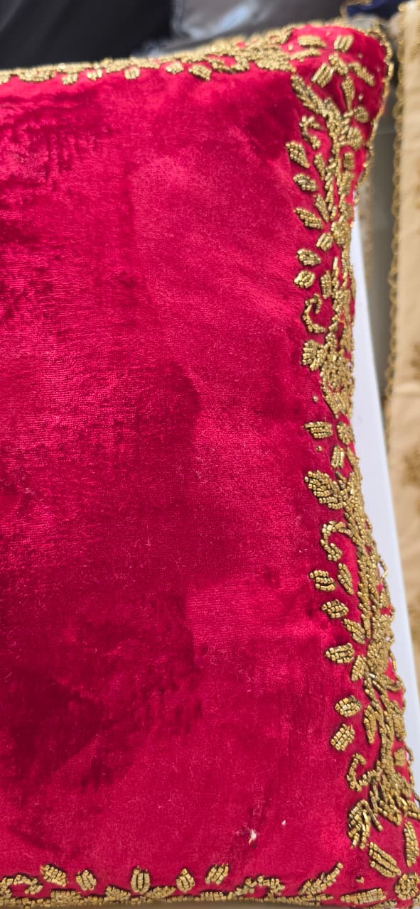 Handmade Velvet Cushion Cover (Red & Gold) Design - 2