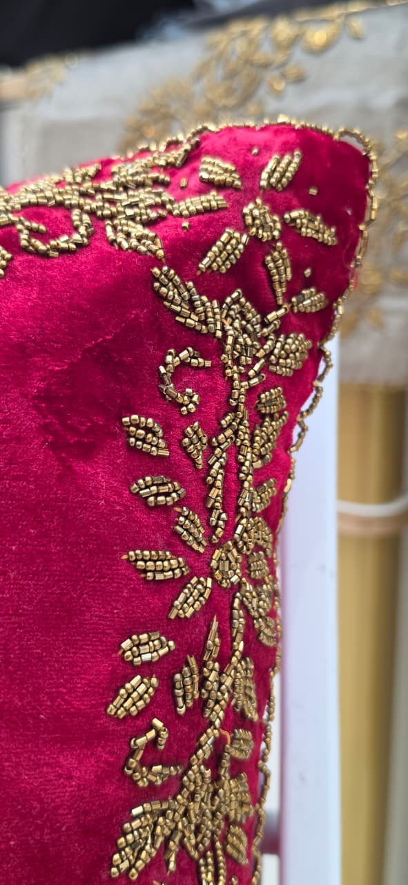 Handmade Velvet Cushion Cover (Red & Gold) Design - 2