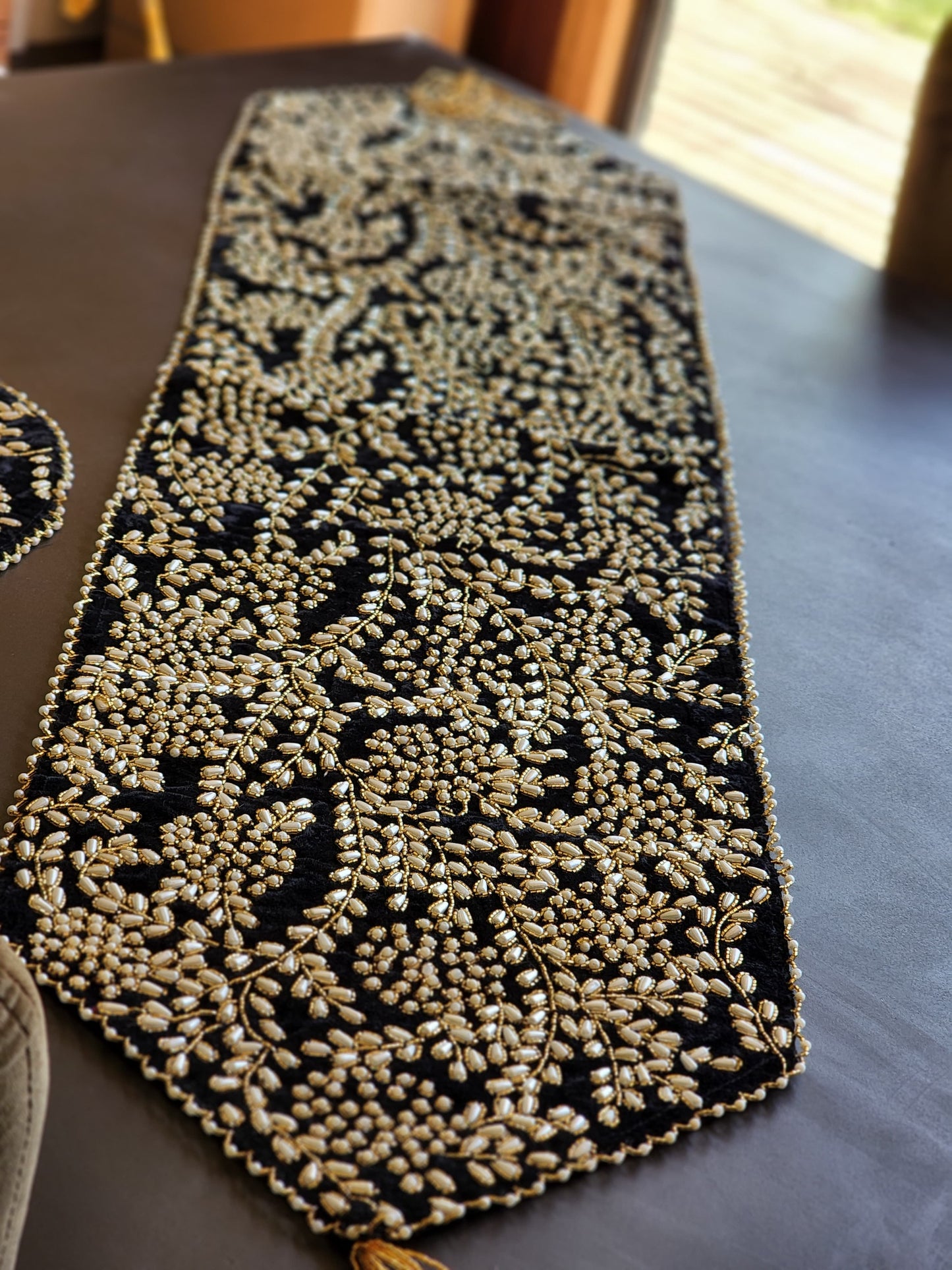 Handmade Beaded Table Runner Set (Black Gold and Pearl)