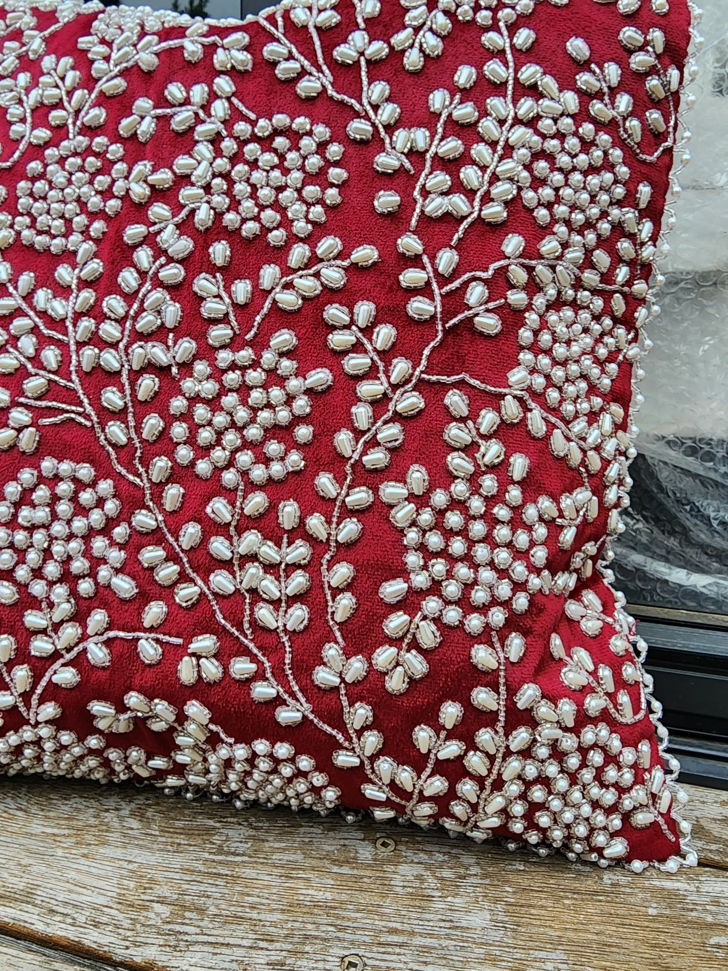 Handmade Velvet Cushion Cover (Red White and Pearl)