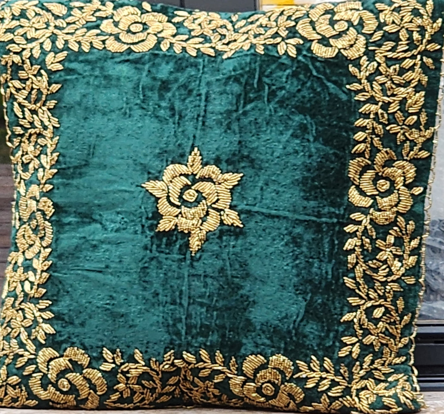 Handmade velvet Cushion Cover (Emerald Green and Gold) border