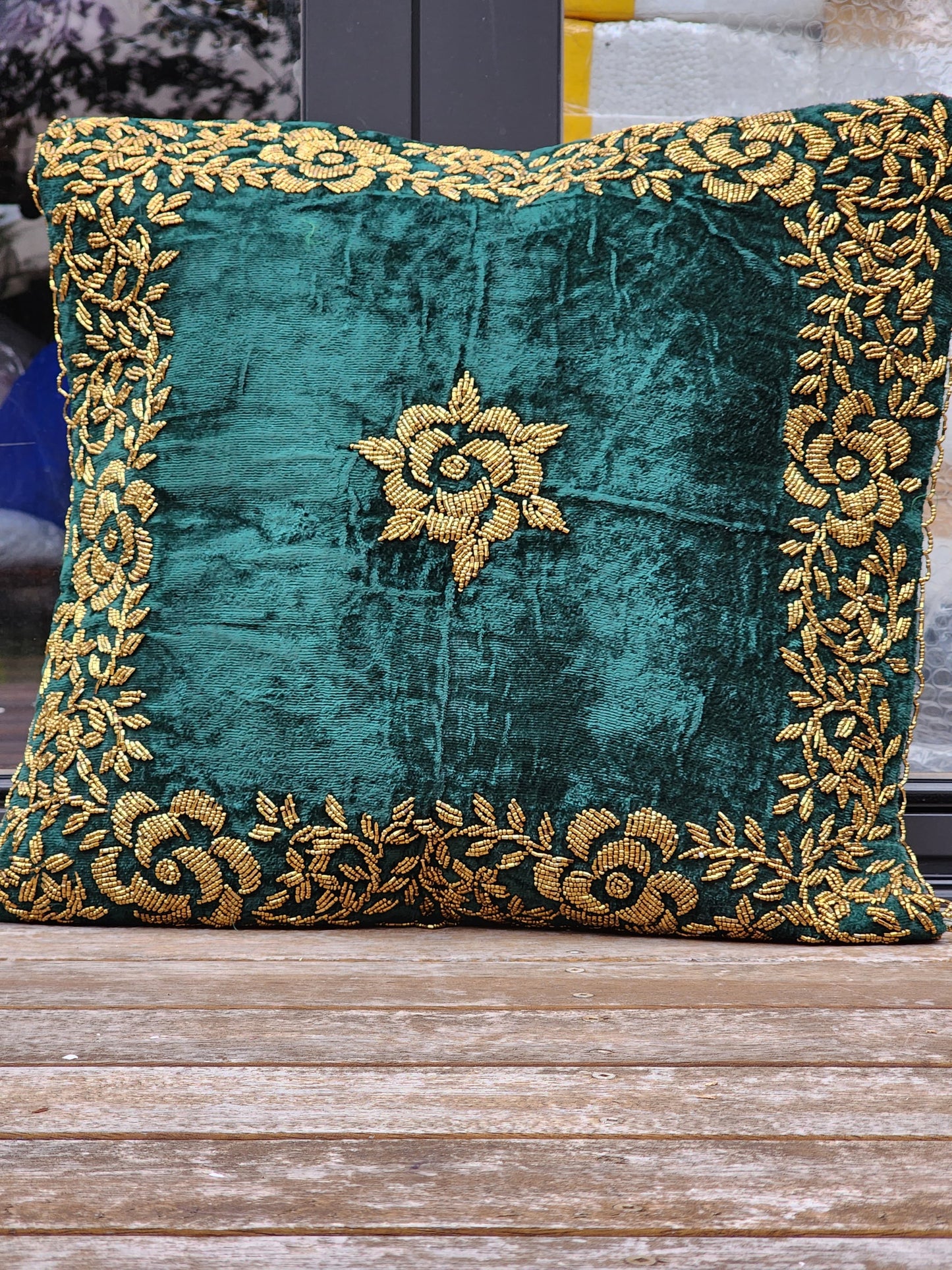 Handmade velvet Cushion Cover (Emerald Green and Gold) border