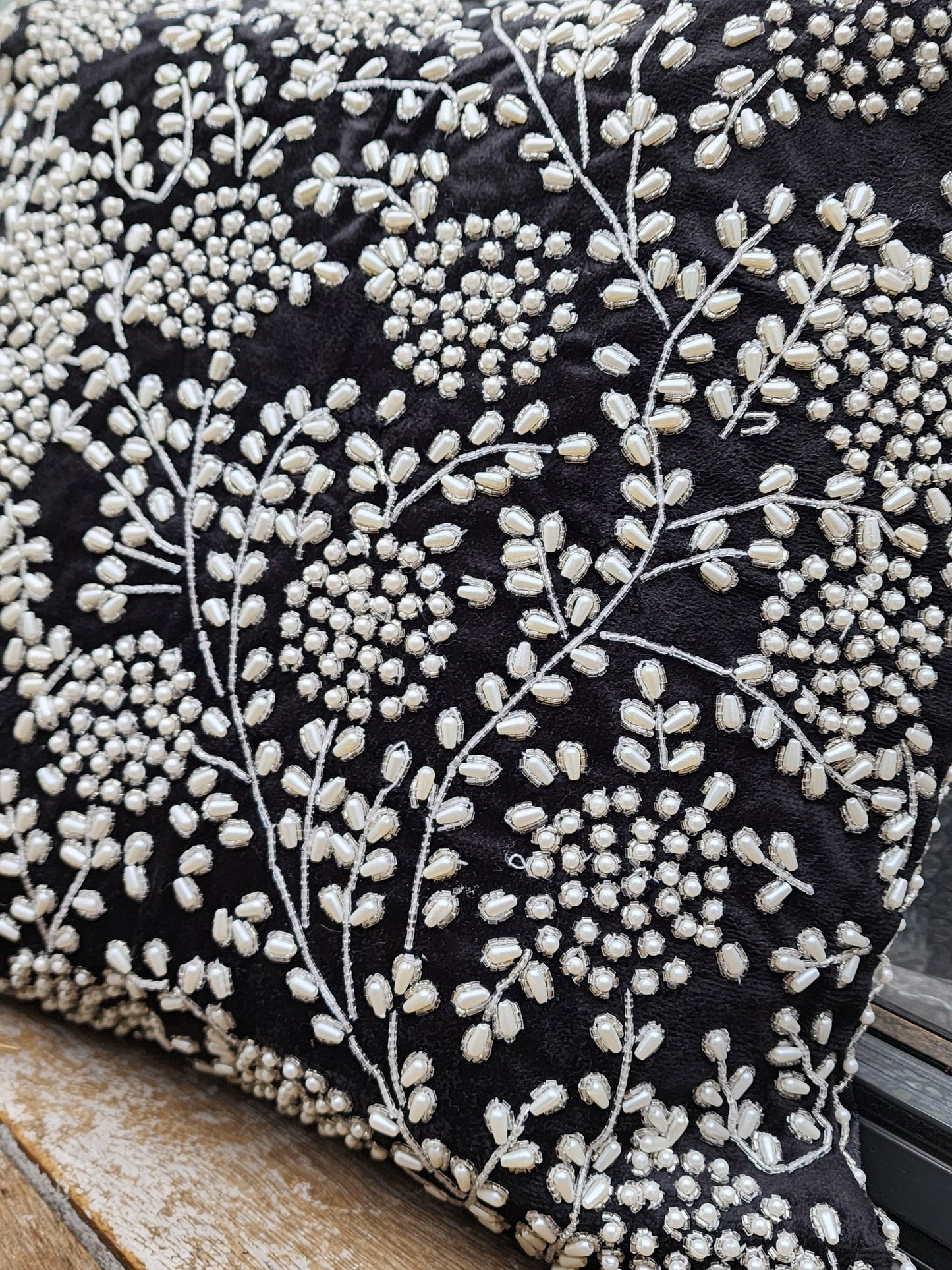 Handmade velvet Beaded Cushion (Black & Silver With Pearl)