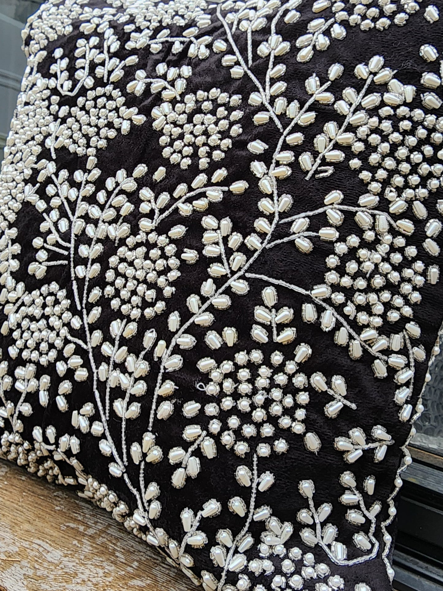 Handmade velvet Beaded Cushion (Black & Silver With Pearl)