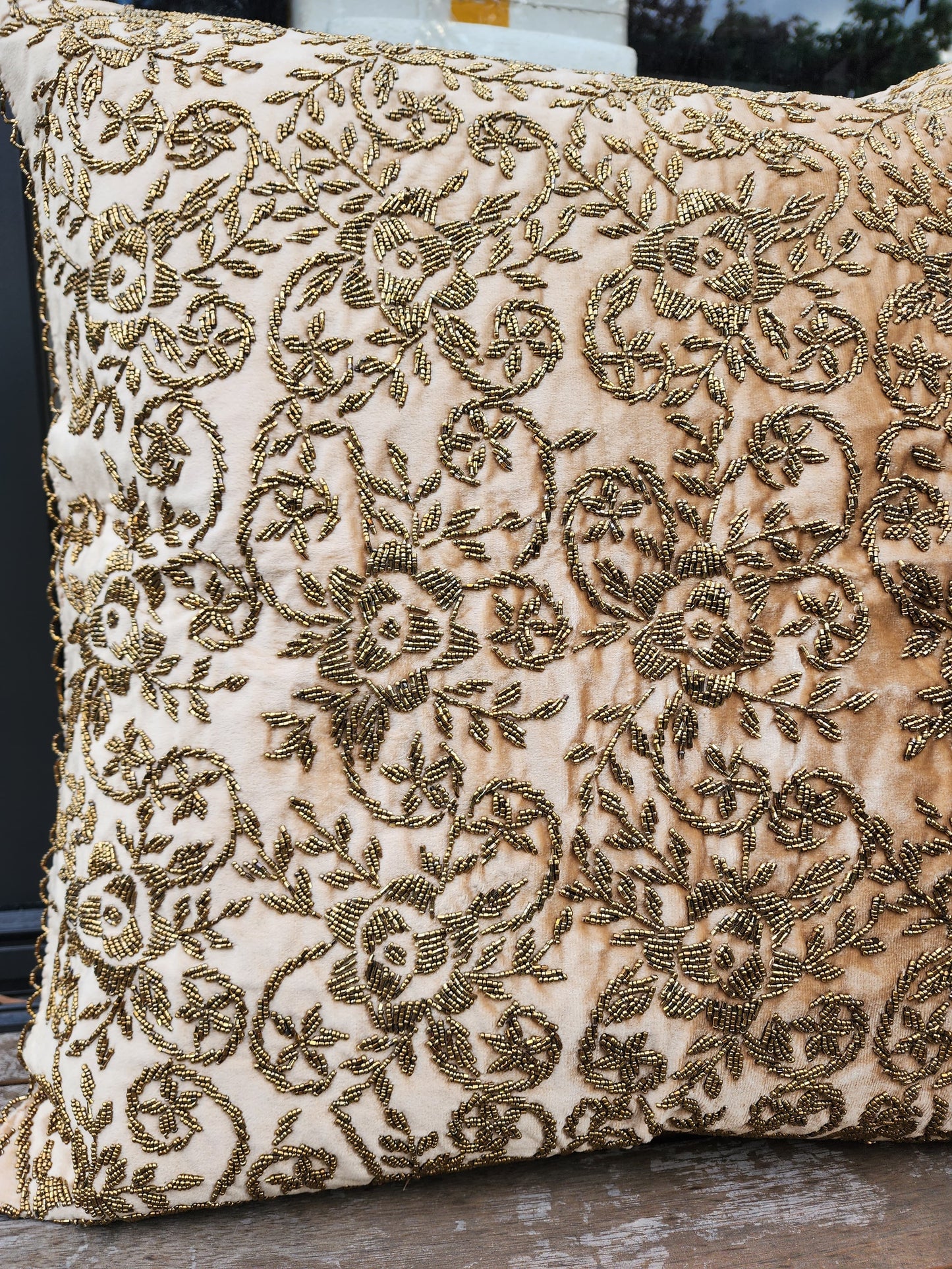 Handmade velvet Beaded Cushion (Beige and Gold)