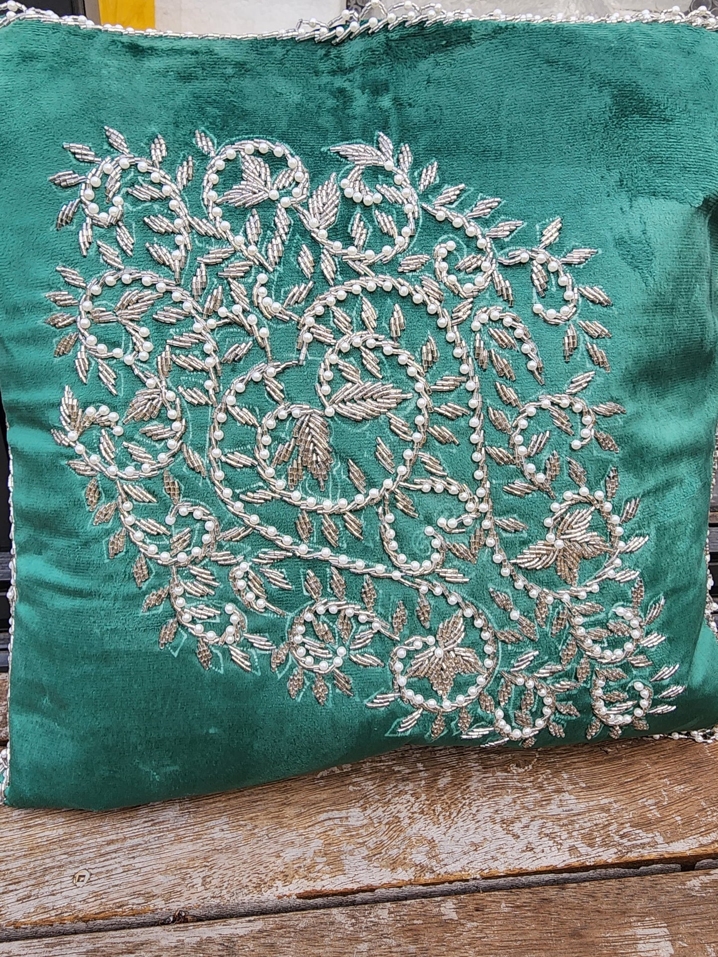Handmade velvet Cushion Cover (Green and Silver)