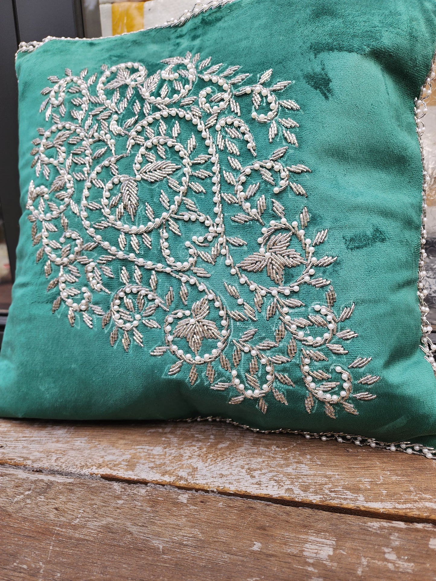 Handmade velvet Cushion Cover (Green and Silver)