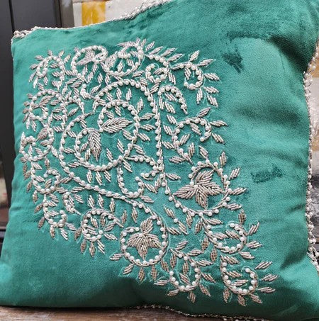 Handmade velvet Cushion Cover (Green and Silver)