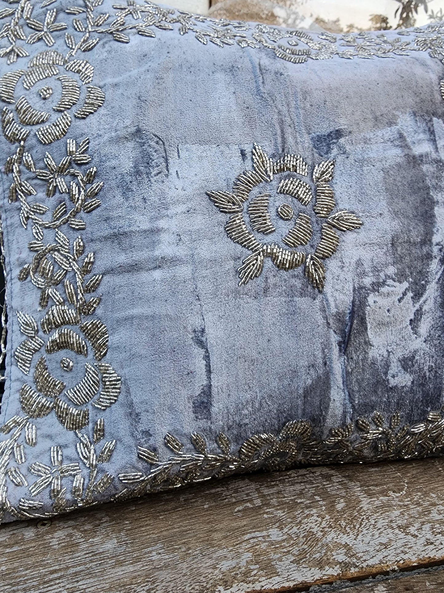Handmade velvet Cushion Cover (Light blue and Silver)