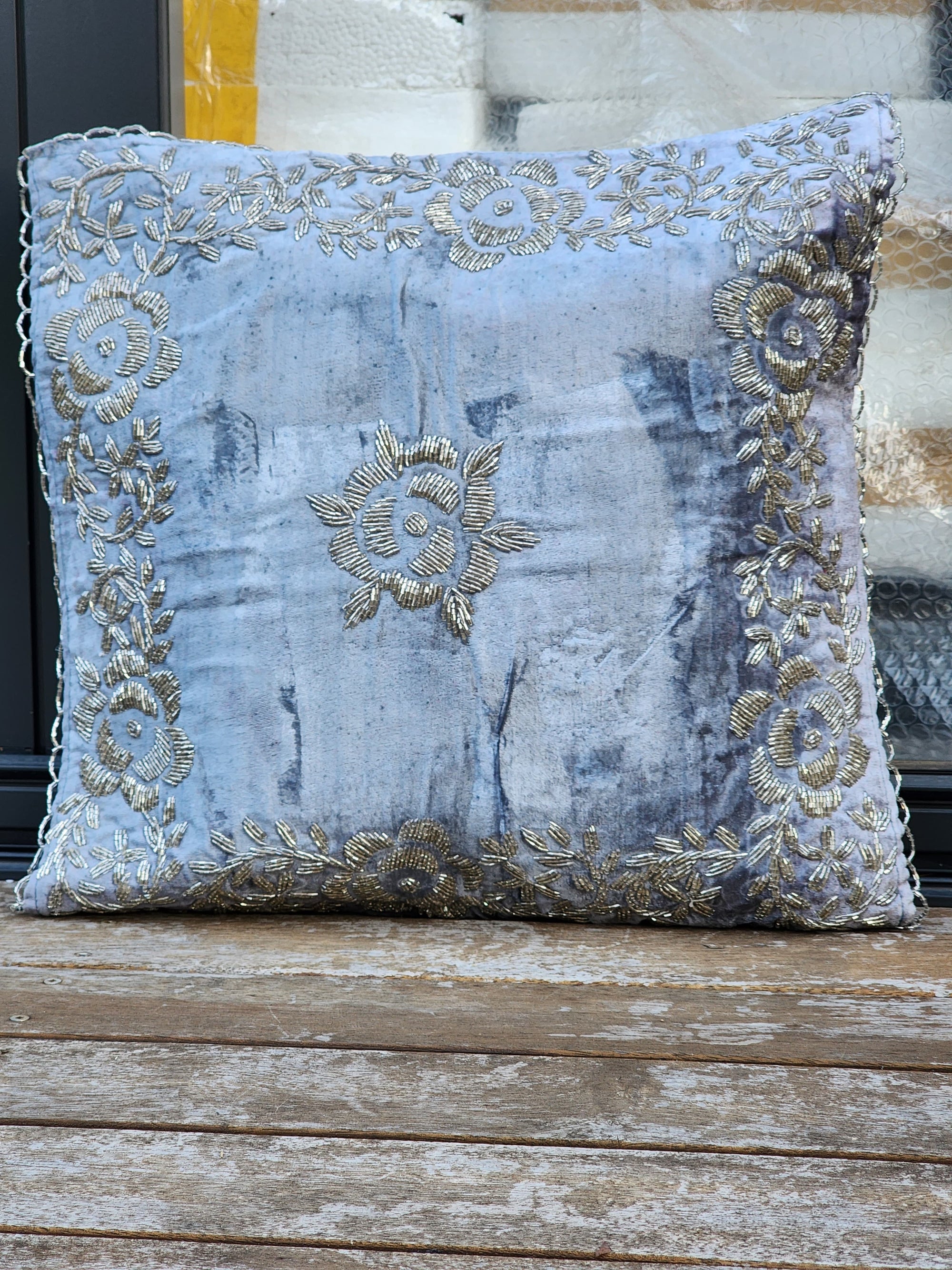 Handmade Velvet Cushion Cover (Sky blue and silver)