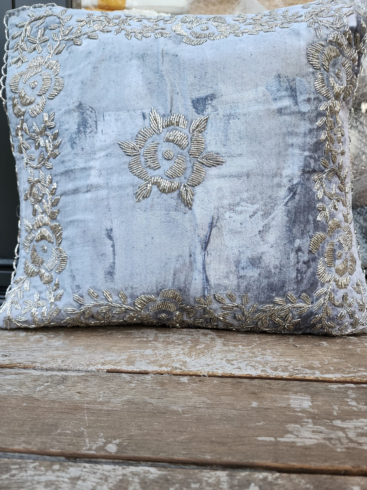 Handmade velvet Cushion Cover (Light blue and Silver)
