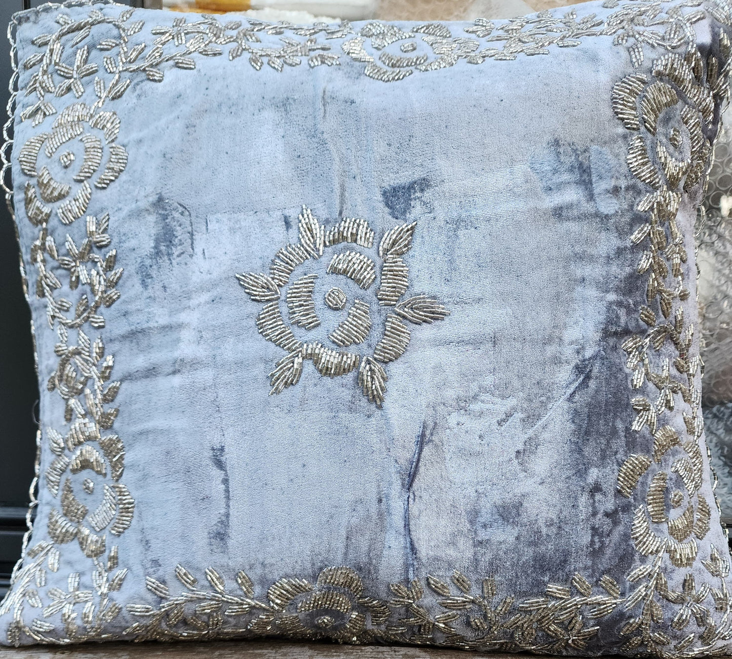 Handmade velvet Cushion Cover (Light blue and Silver)