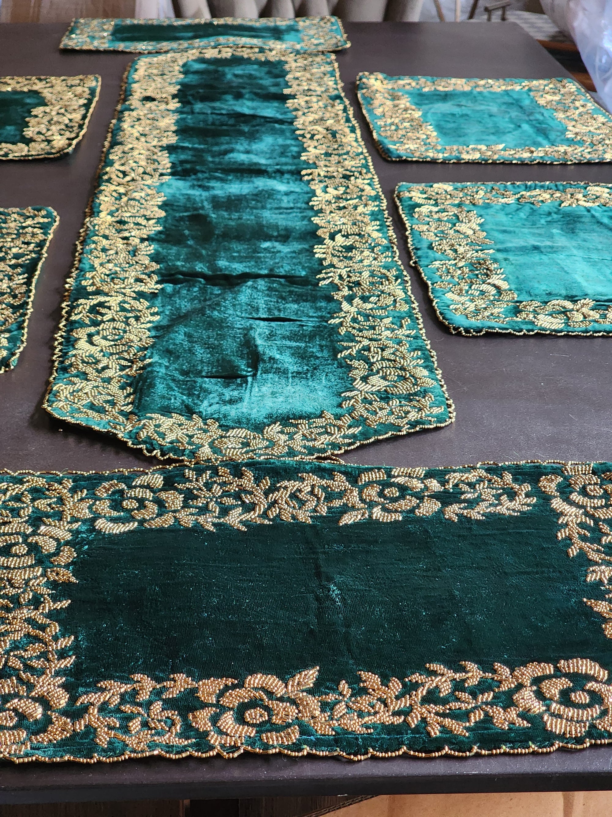 Emerald Green Handmade Beaded Table Runner Set ( Border Design)